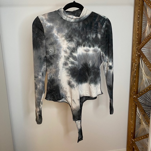 Navy Blue and White Tue Dye Turtleneck Bodysuit - Picture 2 of 6